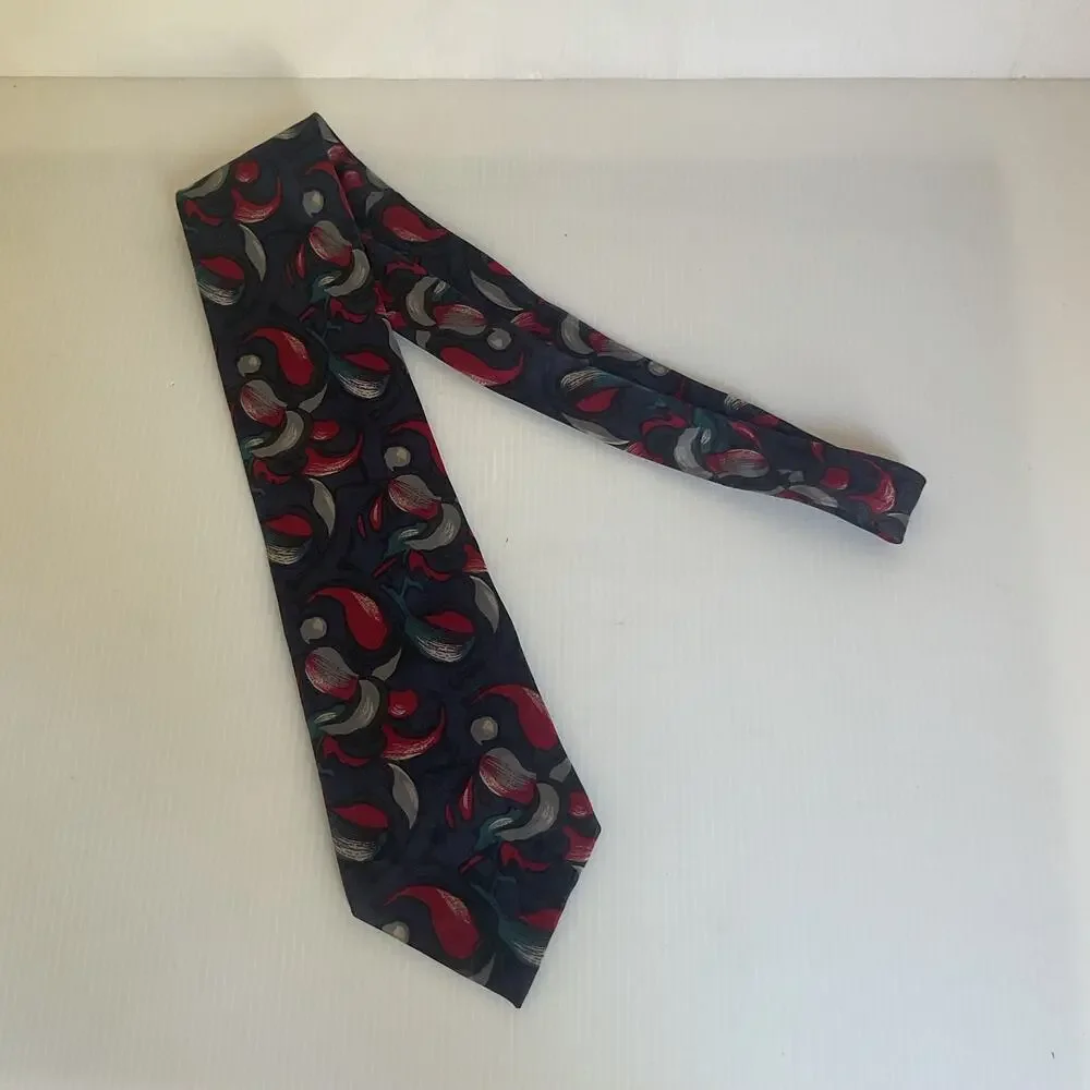 Vintage Geoffrey Beene Men’s 100% Silk Tie Navy Red Teal Abstract Print Necktie